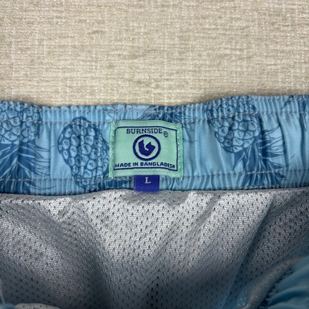 Burnside Mens Blue Pineapple Print Swim Trunks Mesh Lined Shorts Size Large